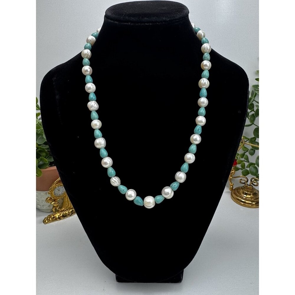 Freshwater Pearl And Turquoise Beaded Necklace Vintage Boho Elegance 18”